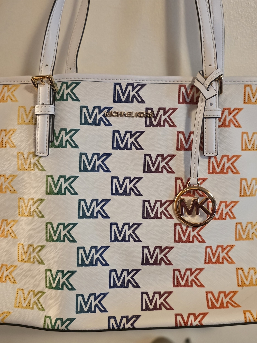 Michael Kors White Rainbow MK Logo Tote with Gold Charm